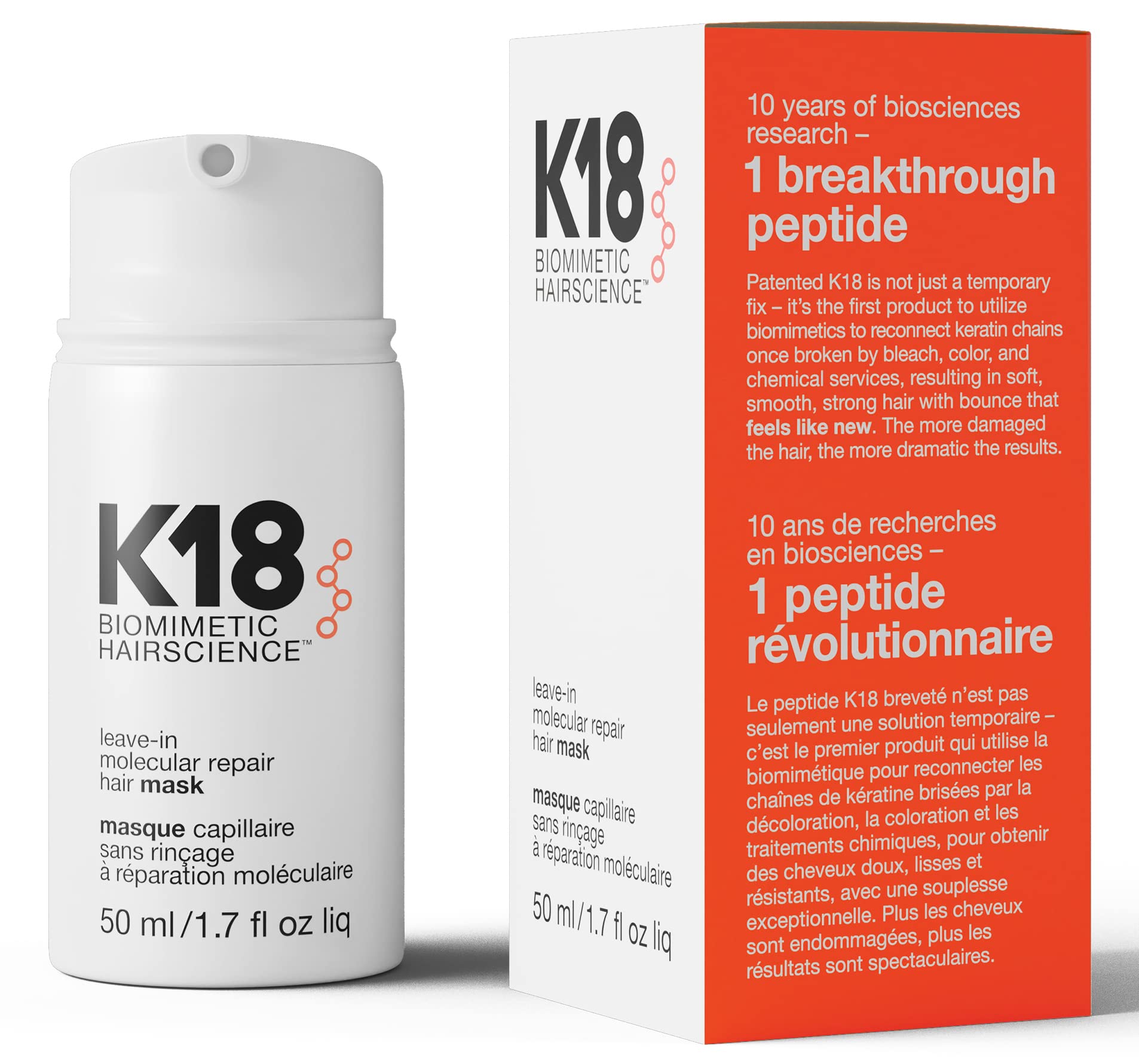 K18 Leave-In Molecular Hair Mask, Repairs Dry or Damaged Hair